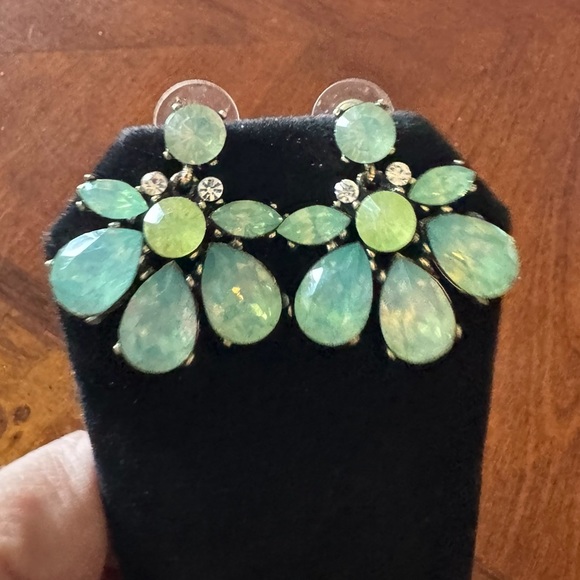 Milky Green, Blue Opalite,  Rhinestone Geometric, Iridescent Luxury Earrings - Picture 3 of 7